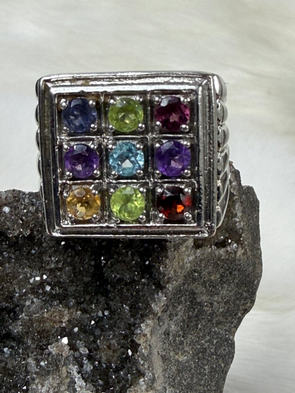 Karis Stainless Steel w/ Multi-Gemstone Silver Tone Ring Size 10.5 - Picture 7 of 12
